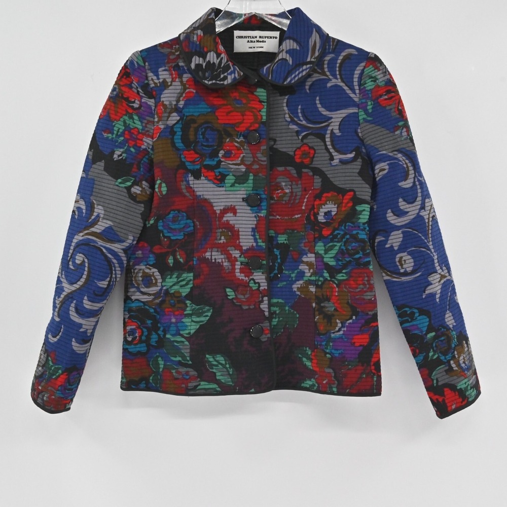 Christian Ruperto‎ Quilted Jacket Womens Size M Floral Art to Wear Unique Coat